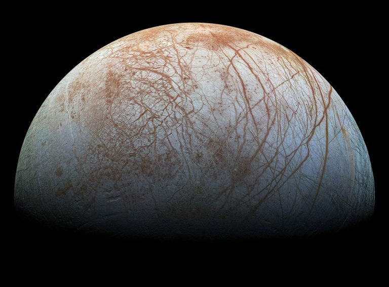 Plume-Hunting Instruments Prepare for Europa Flybys icy surface of Jupiter's moon Europa in space